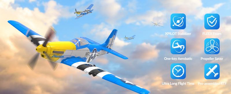 VOLANTEXRC 4-CH Airplanes P51 Mustang WWII Remote Control Airplane for Beginners with Xpilot Stabilization System (Blue)