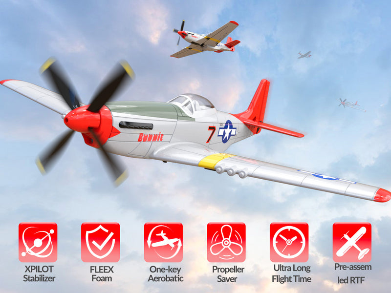 VOLANTEXRC Mustang P51 Easy Fly Warbird Remote Control Airplane for Beginners Xpilot Gyro Stabilizer (Red)