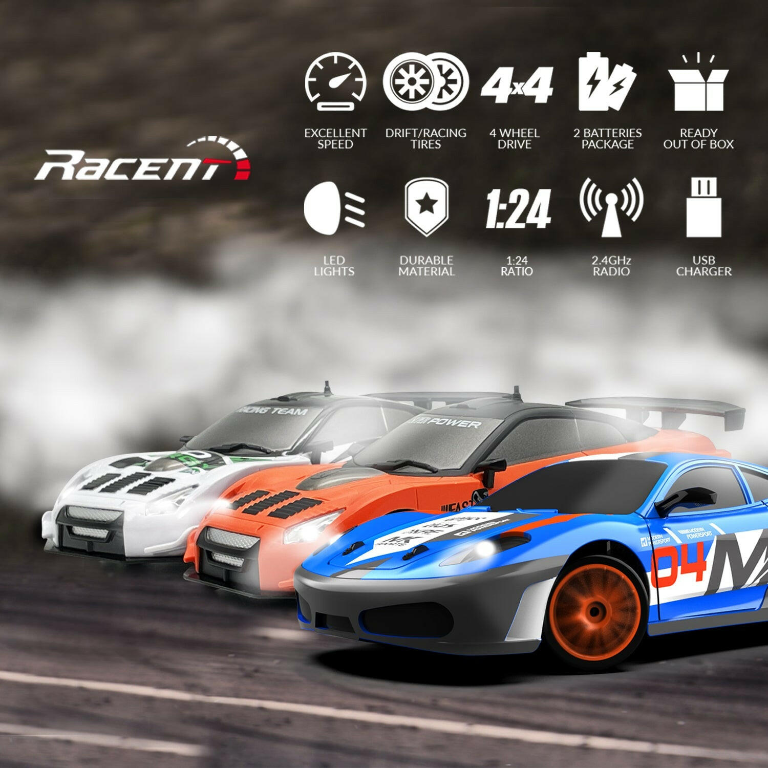 RACENT Drift King: 1:24 4WD RC, 10MPH, LED Lights EXHOBBY Dealer.