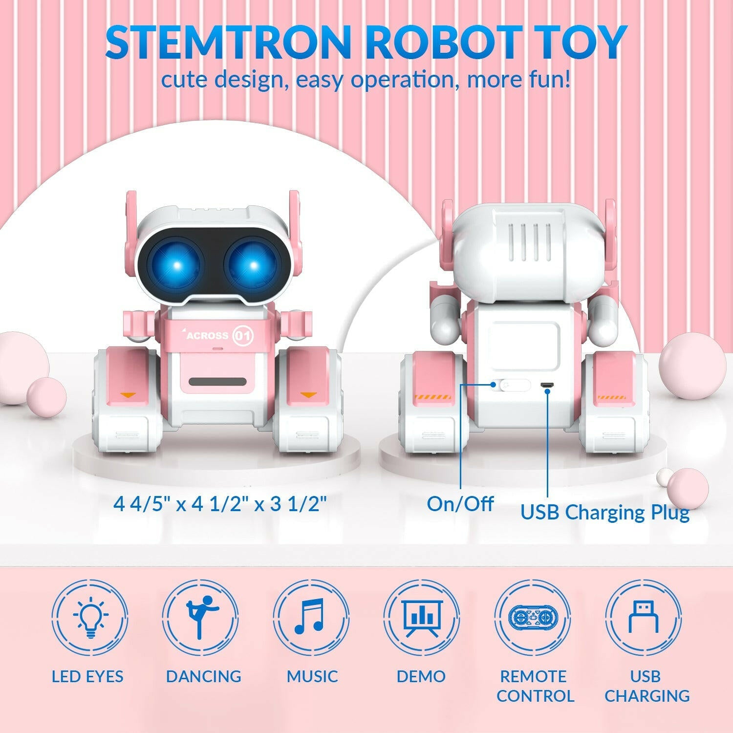 STEMTRON Rechargeable RC Robot Toys with Auto Demo, Dance Moves, Music for Kids (Pink) EXHOBBY Dealer.