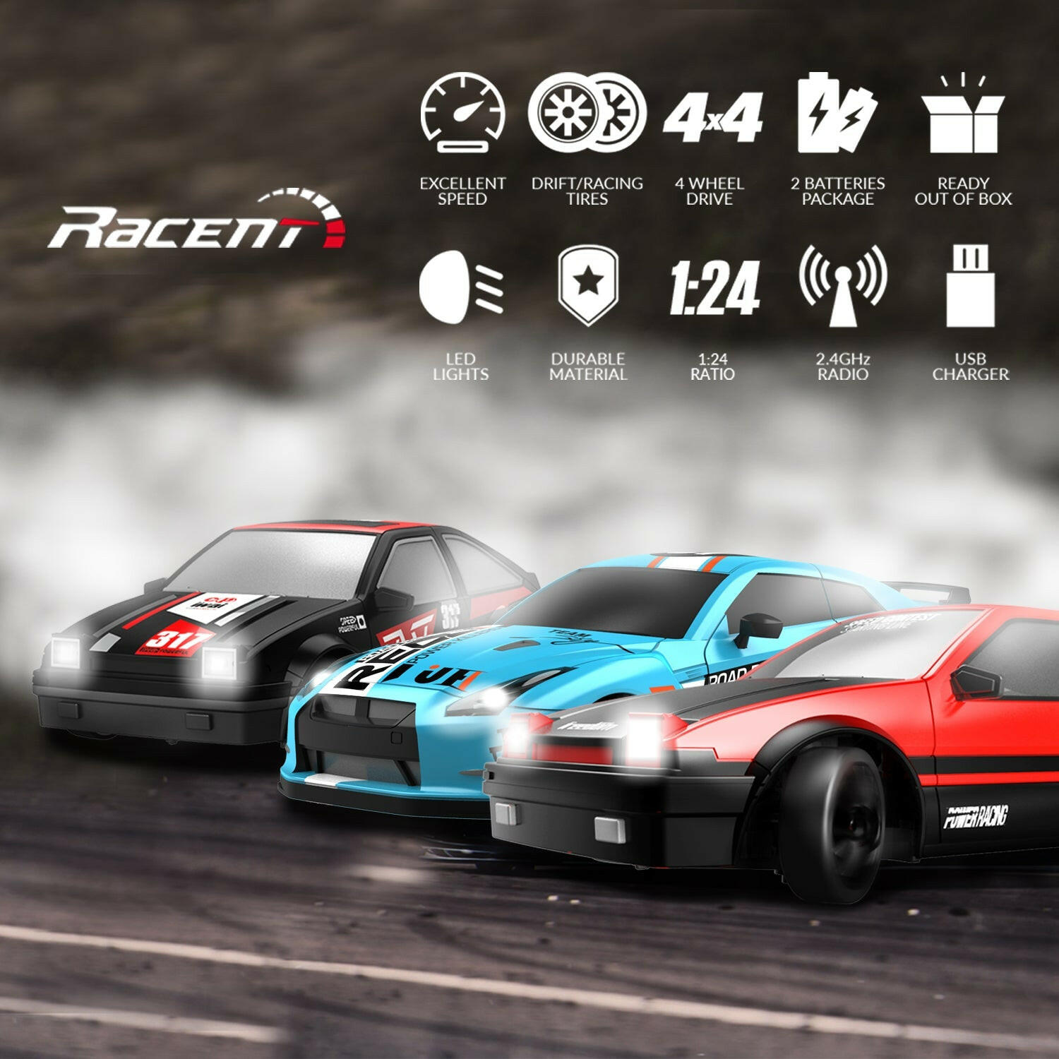 RACENT Zoom Master: 1:24 4WD, 10MPH, LED, Drift Ready EXHOBBY Dealer.