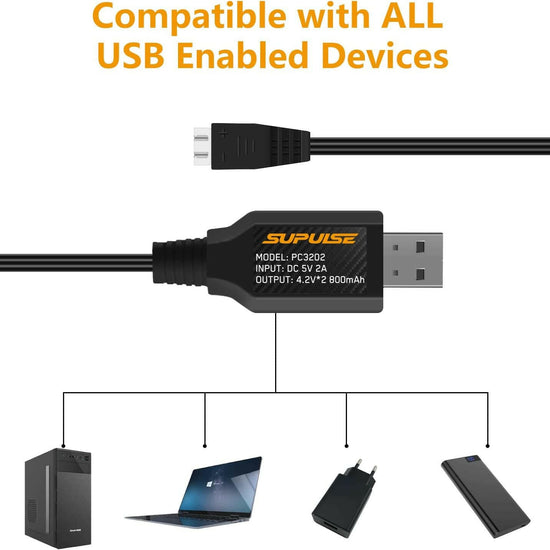 SUPULSE 2pcs USB Charger Cable 2A for 2S 7.4V LiPo Battery with XH-3Pin Plug for RC Quadcopter FPV Drone RC Boat RC Truck RC Plane.