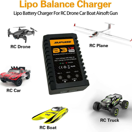 SUPULSE LiPo Battery Charger RC Balance Charger AC 7.4-11.1V 2S-3S 10W Upgrade Version B3AC Pro Compact Charger Lipo Charger (B3V2) - EXHOBBY