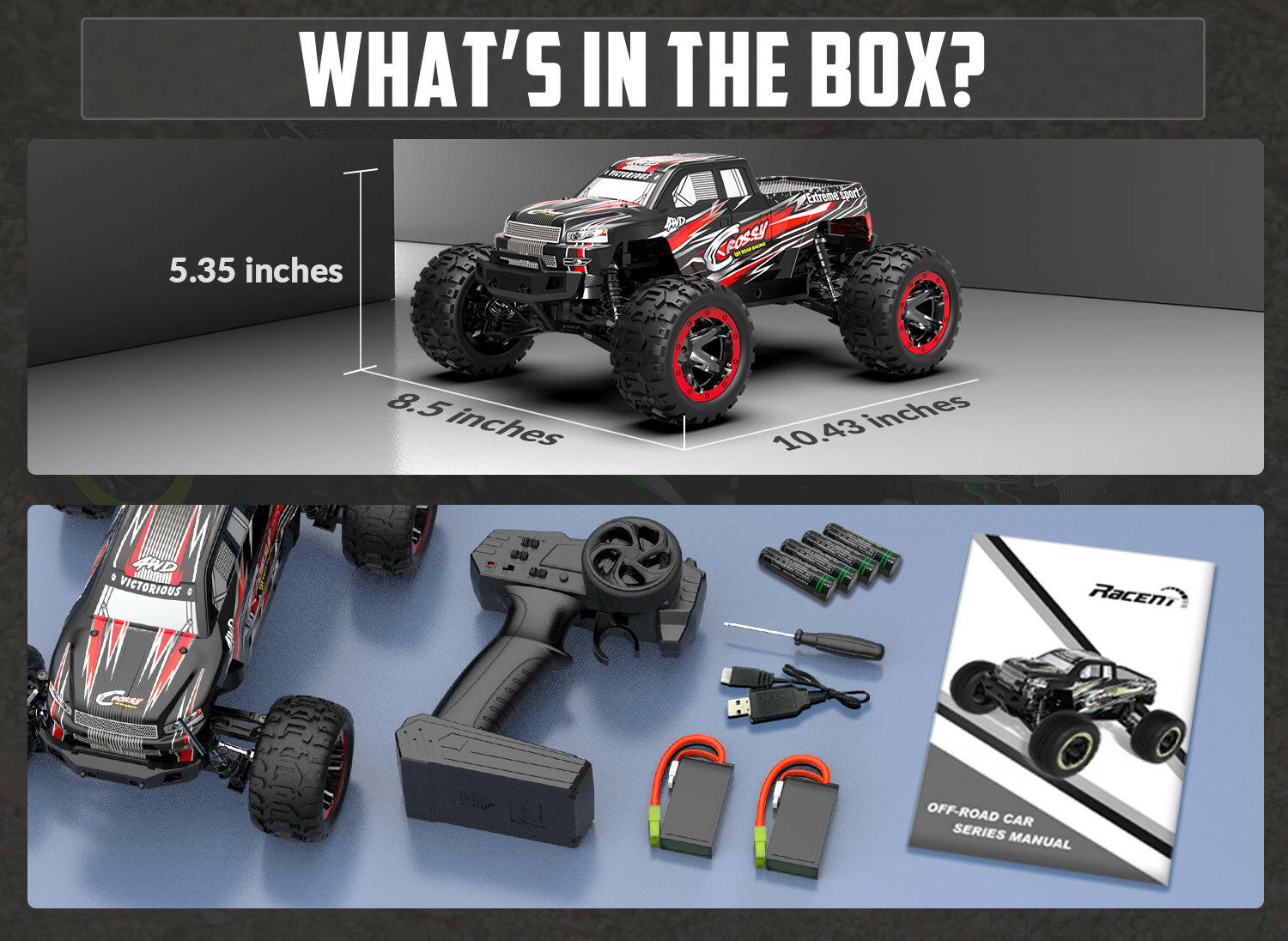 Racent 1:16 Remote Control Car 30MPH High Speed 4WD Off-Road RC Monster Truck Red (With Green Car Shell) EXHOBBY Dealer.