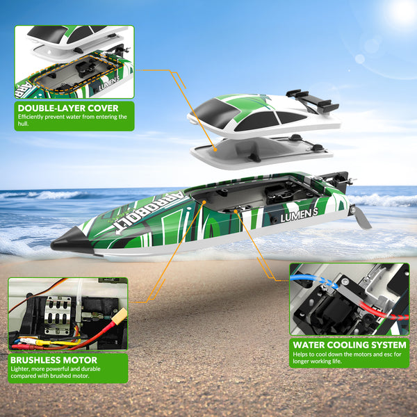 VOLANTEXRC Arrobolt Lumen S Brushless 35+MPH Fast RC Boat for Lakes Green