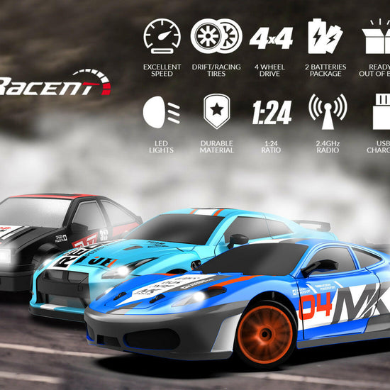 RACENT Speedster: 1:24 RC Car, 10MPH, LED, Drift Wheels EXHOBBY Dealer.