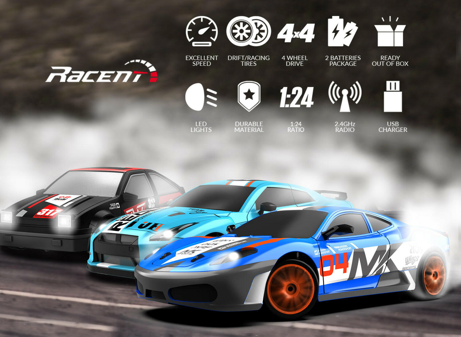RACENT Speedster: 1:24 RC Car, 10MPH, LED, Drift Wheels EXHOBBY Dealer.